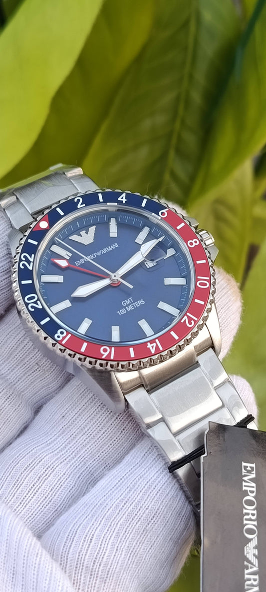 Emporio Armani AR11590 Men's GMT Diver Watch – Blue Dial, Stainless Steel, Pepsi Bezel