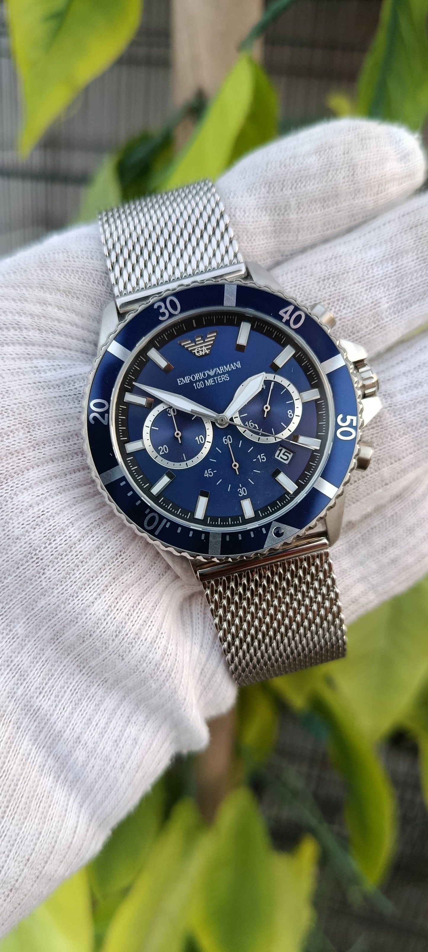 Emporio Armani AR11587 Men's Chronograph Watch – Blue Dial, Mesh Bracelet, 100 Meters