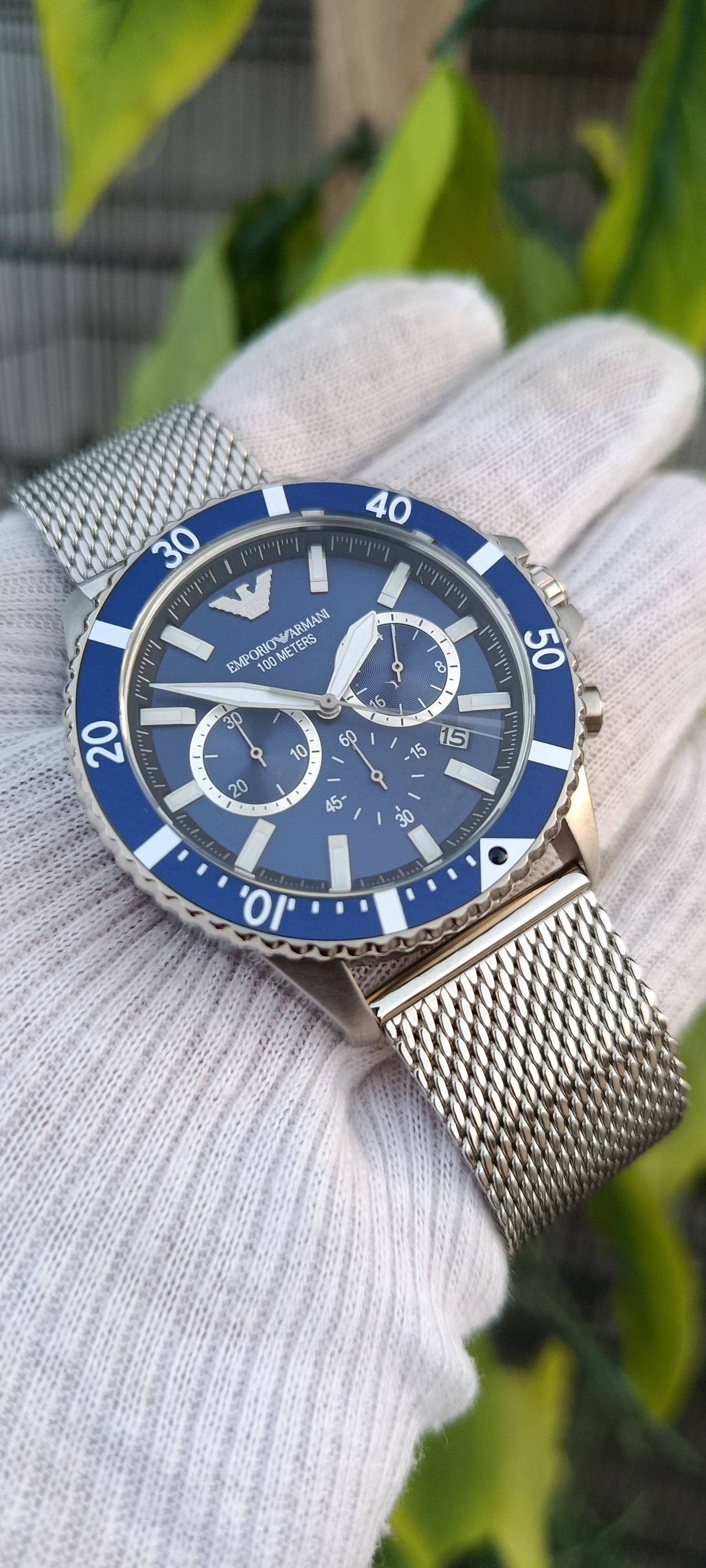Emporio Armani AR11587 Men's Chronograph Watch – Blue Dial, Mesh Bracelet, 100 Meters