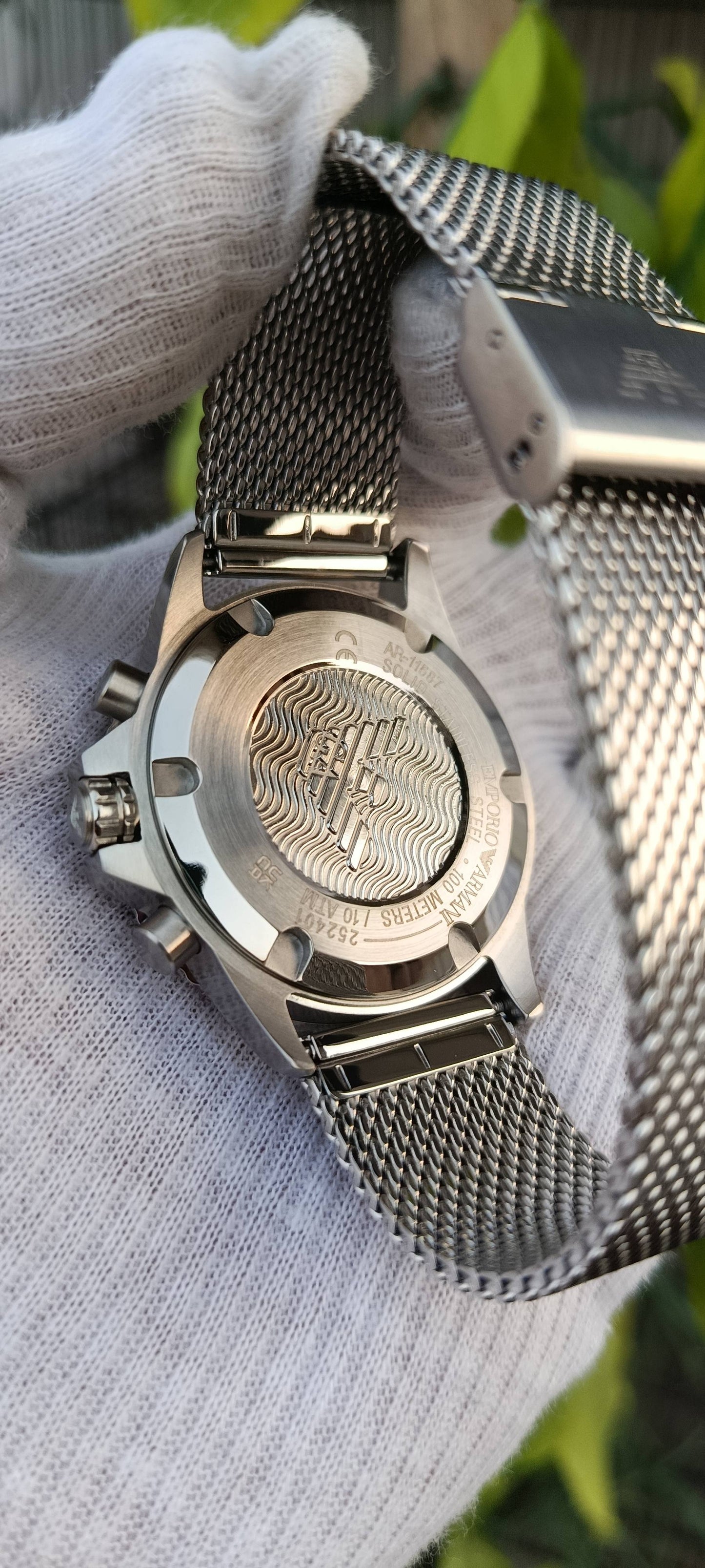 Emporio Armani AR11587 Men's Chronograph Watch – Blue Dial, Mesh Bracelet, 100 Meters