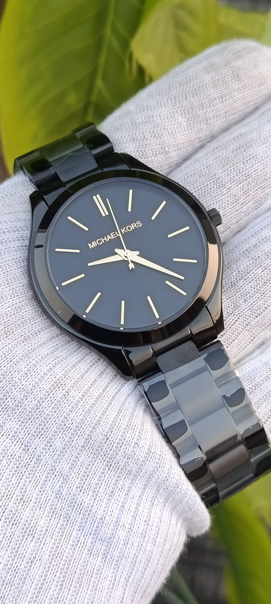 Michael Kors Slim Runway Watch – All Black, Gold-Tone Accents Unisex 40mm