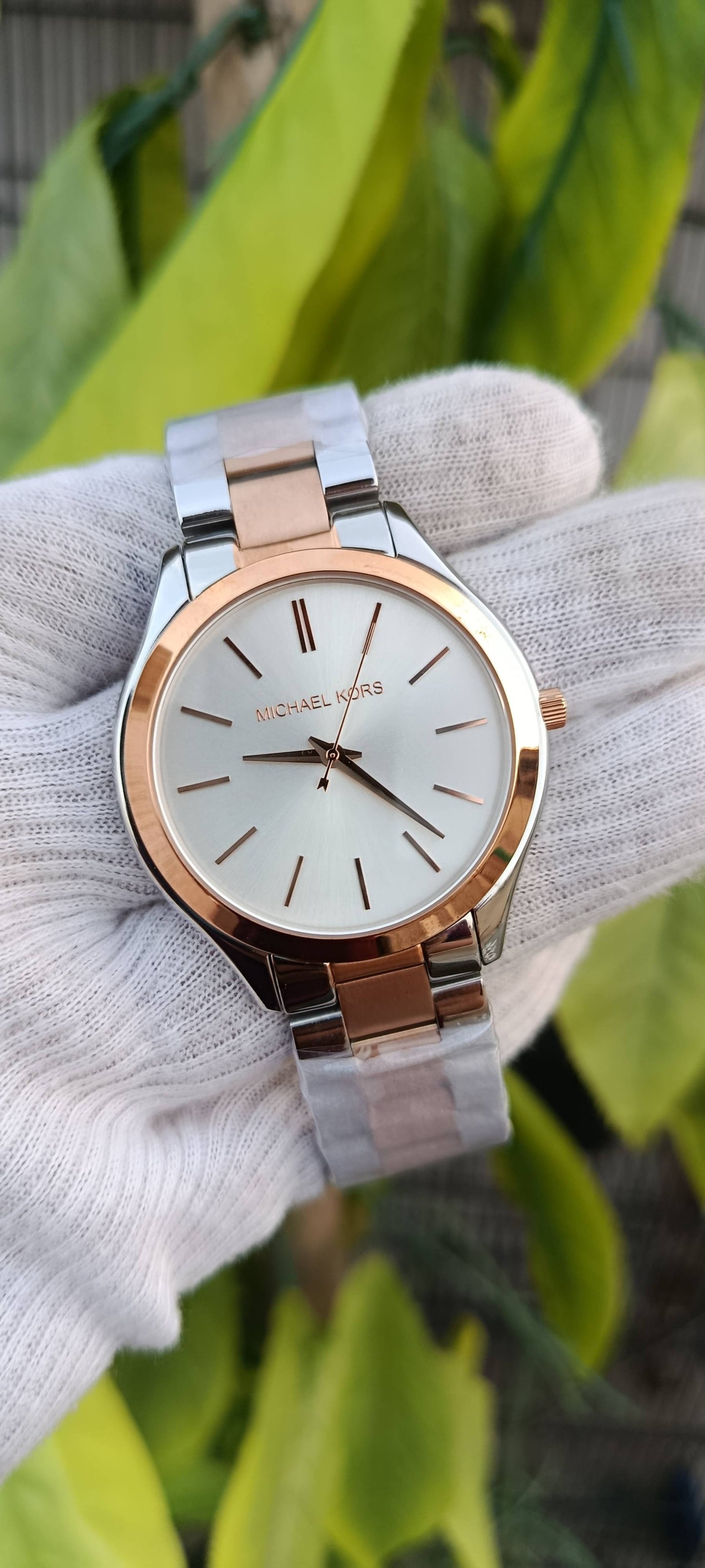 Michael Kors Slim Runway Watch – White Dial, Two-Tone Silver & Rose Gold