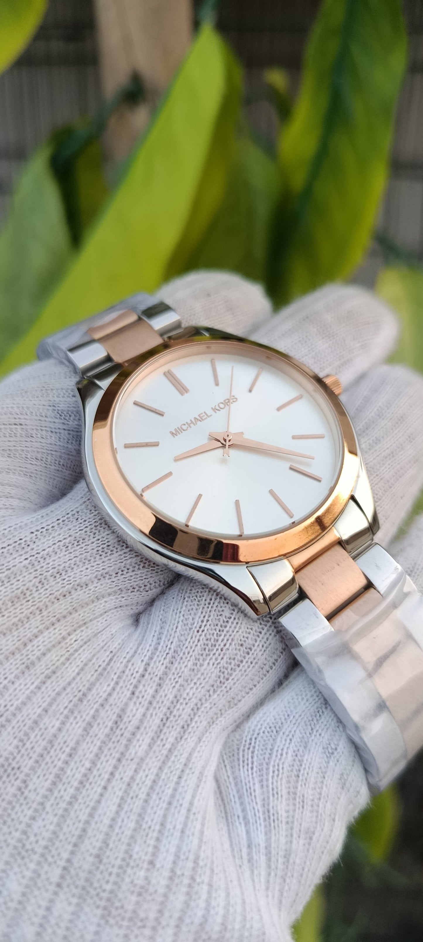 Michael Kors Slim Runway Watch – White Dial, Two-Tone Silver & Rose Gold