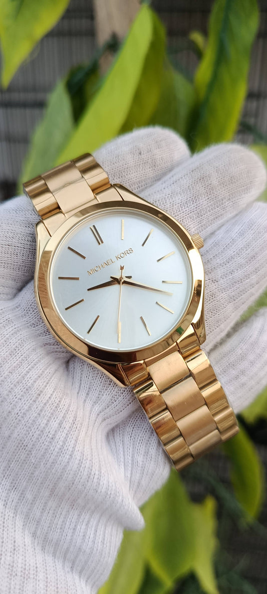 Michael Kors Slim Runway Watch – White Dial, Gold-Tone Unisex (MK3197)