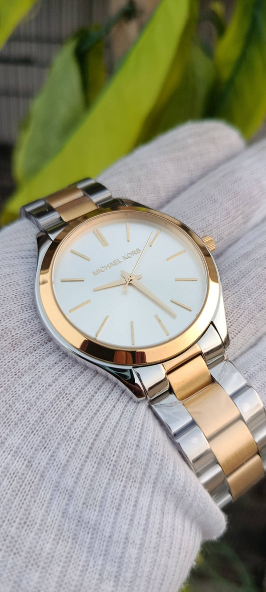 Michael Kors Slim Runway Watch – White Dial, Two-Tone Silver & Gold, Unisex