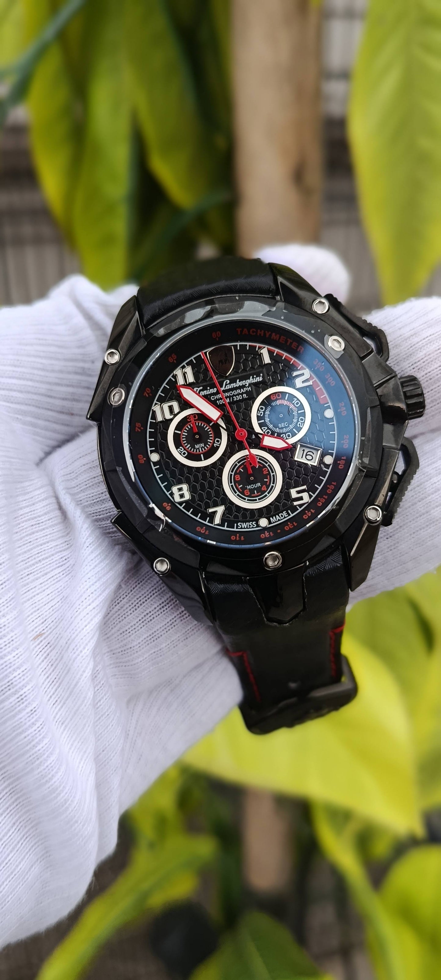 Tonino Lamborghini Chronograph Men's Watch – Black Case with Red-Stitched Leather Strap