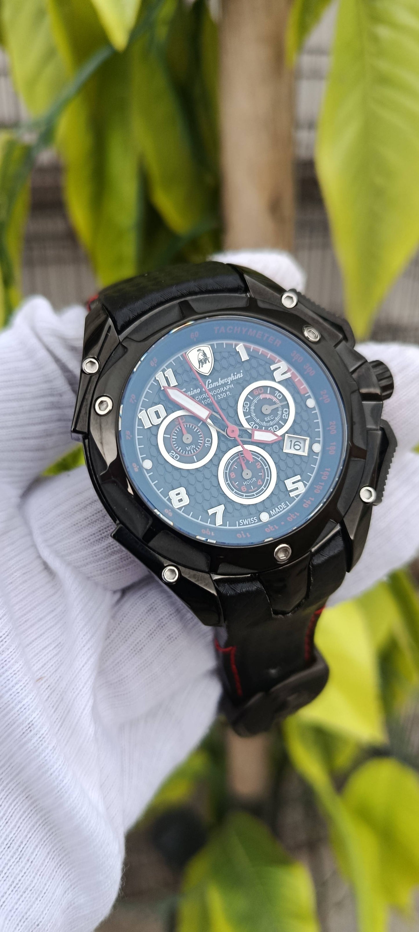 Tonino Lamborghini Chronograph Men's Watch – Black Case with Red-Stitched Leather Strap