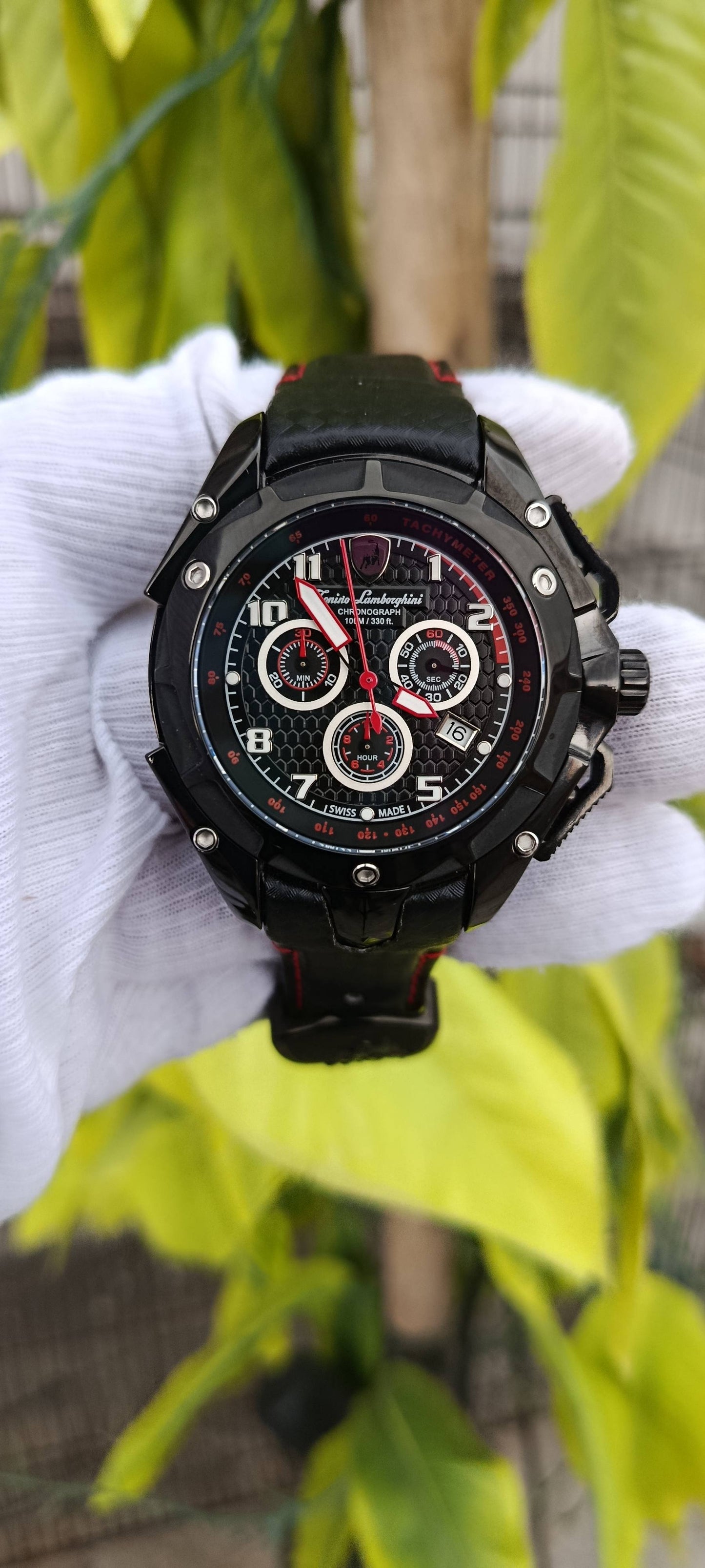Tonino Lamborghini Chronograph Men's Watch – Black Case with Red-Stitched Leather Strap