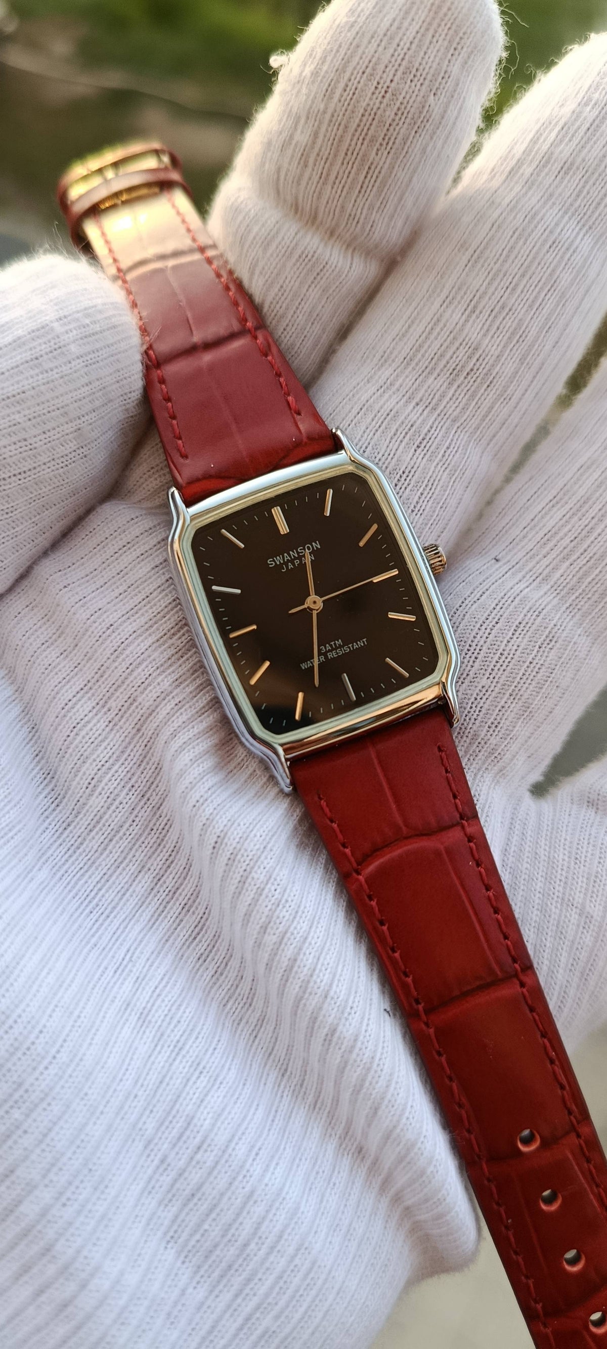 Swanson Japan Vintage Tank Watch – Red Leather Strap