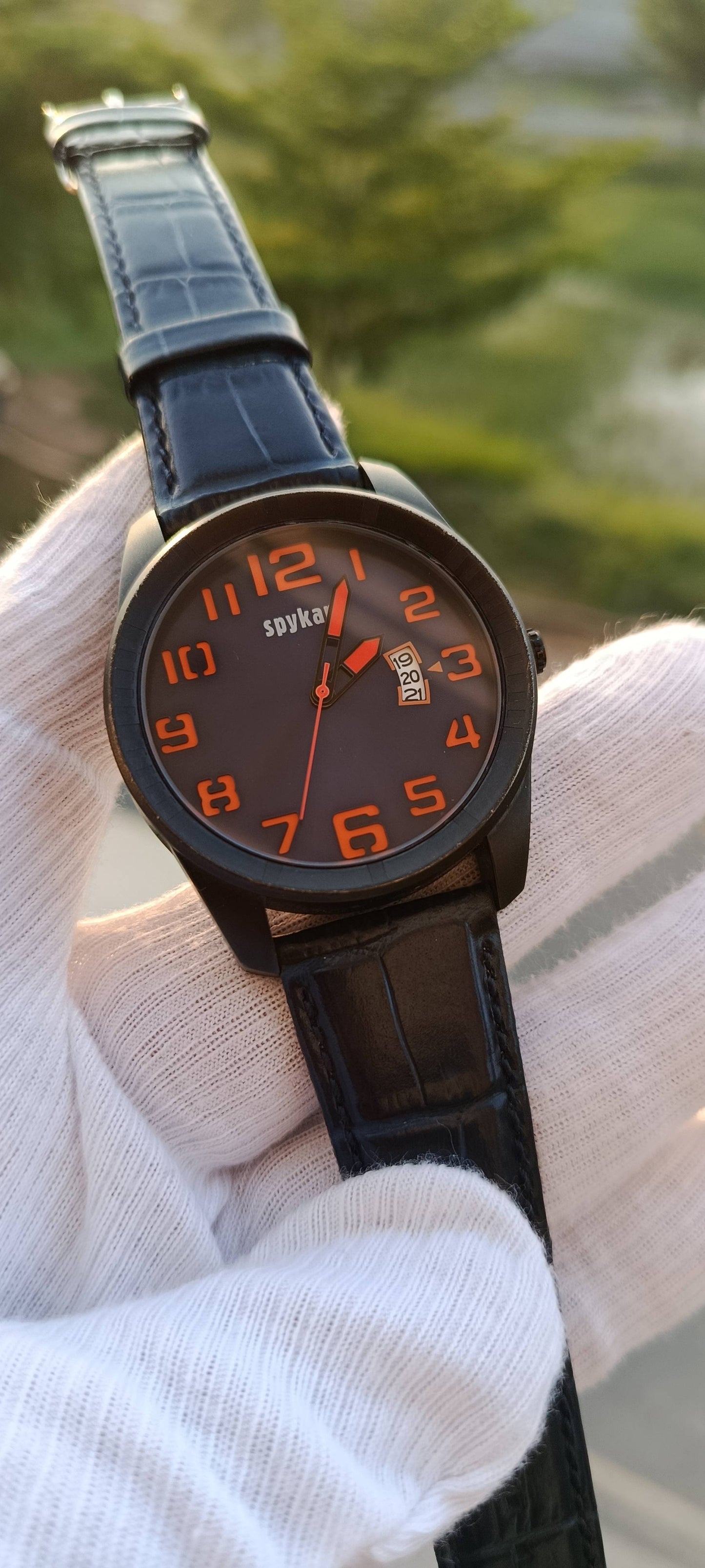 Spykar Men's Sports Watch – Blue Dial Gunmetal Case with Orange Numerals & Black NATO Strap