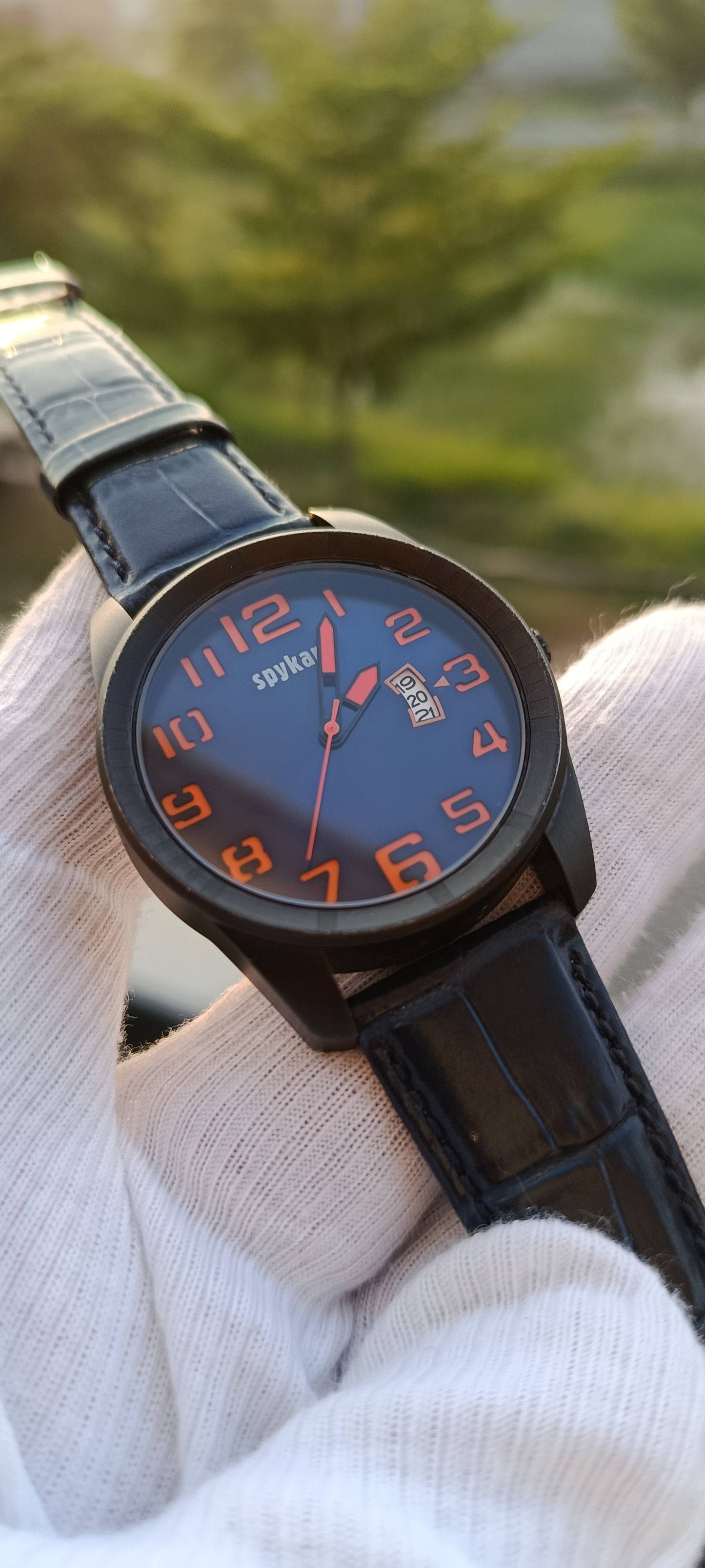 Spykar Men's Sports Watch – Blue Dial Gunmetal Case with Orange Numerals & Black NATO Strap