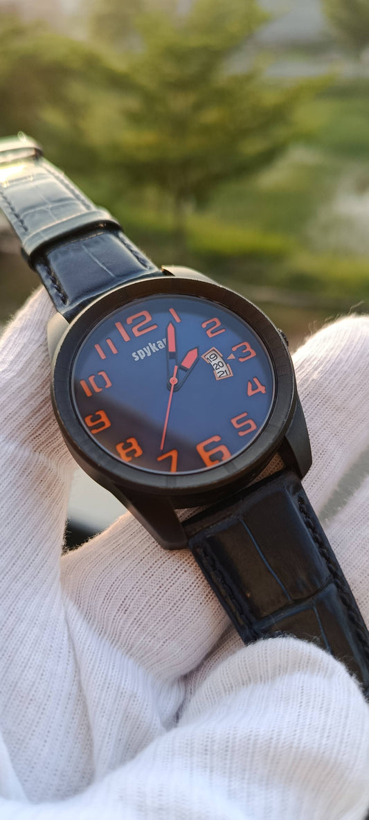 Spykar Men's Sports Watch – Blue Dial Gunmetal Case with Orange Numerals & Black NATO Strap