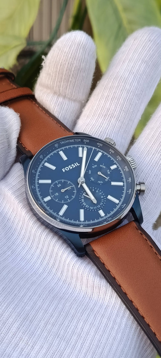 Fossil BQ2512 Men's Blue Dial Chronograph Watch – Tan Leather Strap