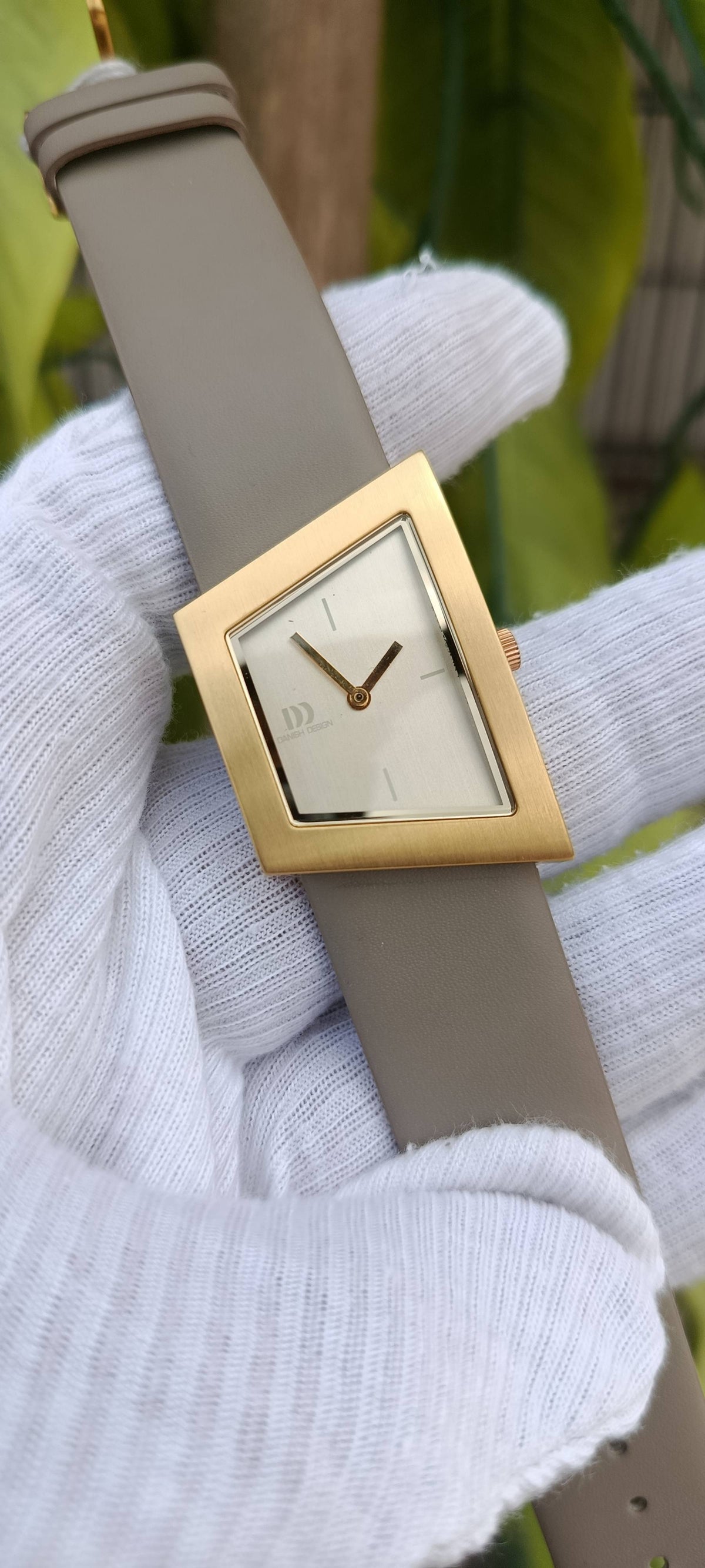 Danish Design IV11Q1207 – Gold-Tone Trapezoid Watch, Taupe Leather Strap