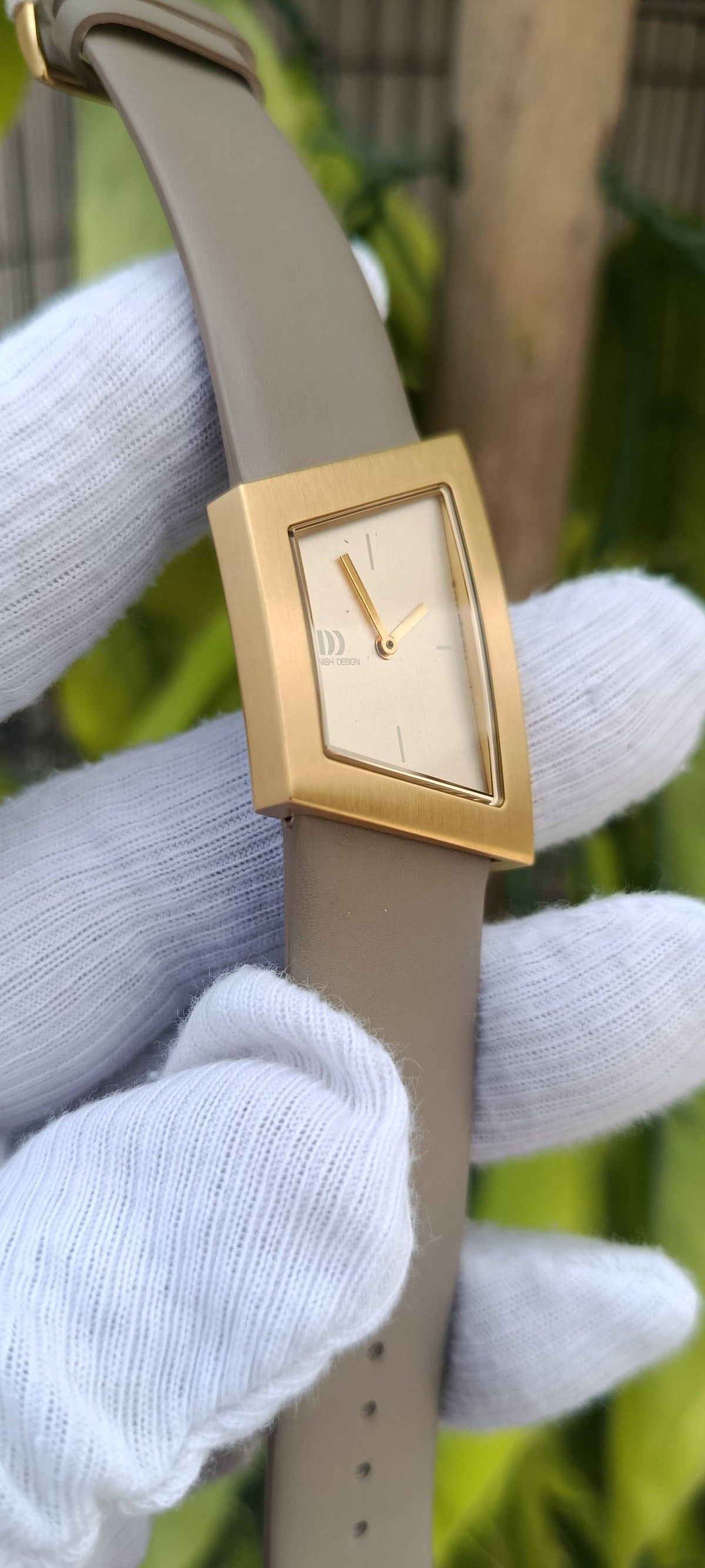 Danish Design IV11Q1207 – Gold-Tone Trapezoid Watch, Taupe Leather Strap