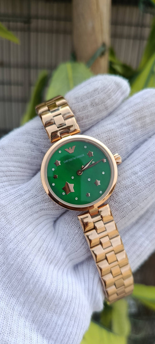 Emporio Armani Green Star Dial Rose Gold Women's Watch