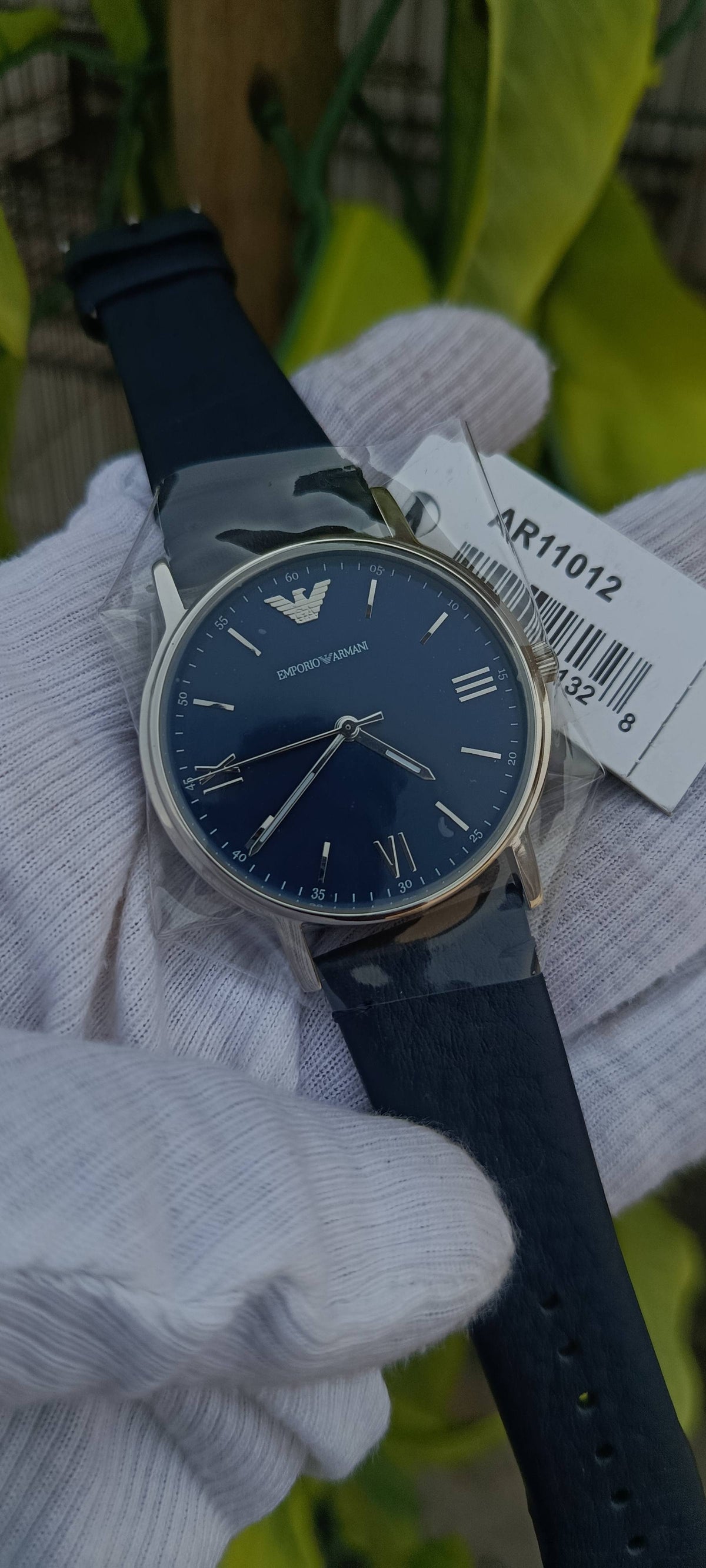 Emporio Armani Men's Navy Blue Dial Silver-Tone Leather Strap Watch