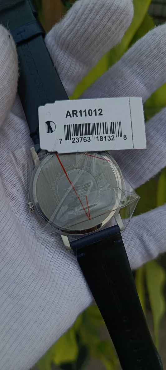 Emporio Armani Men's Navy Blue Dial Silver-Tone Leather Strap Watch