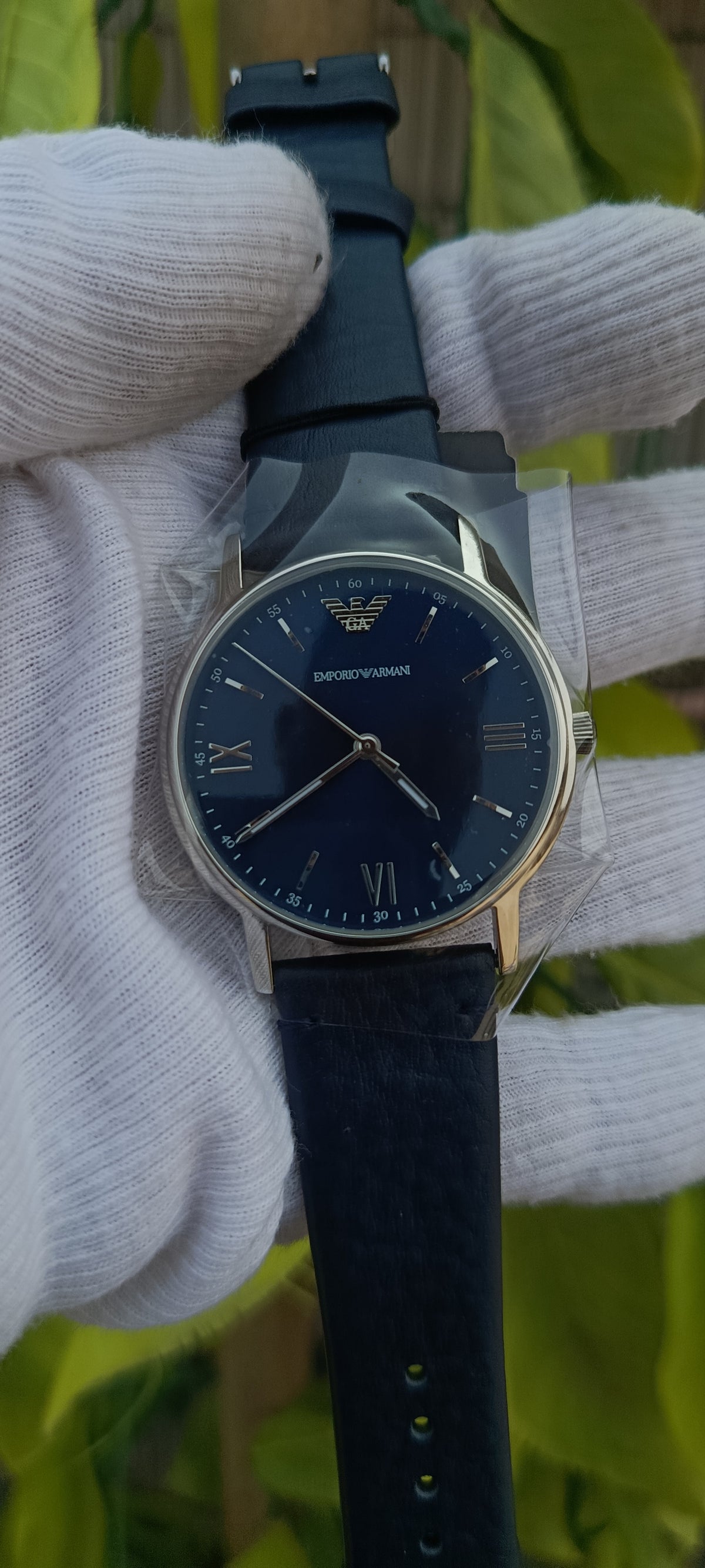 Emporio Armani Men's Navy Blue Dial Silver-Tone Leather Strap Watch