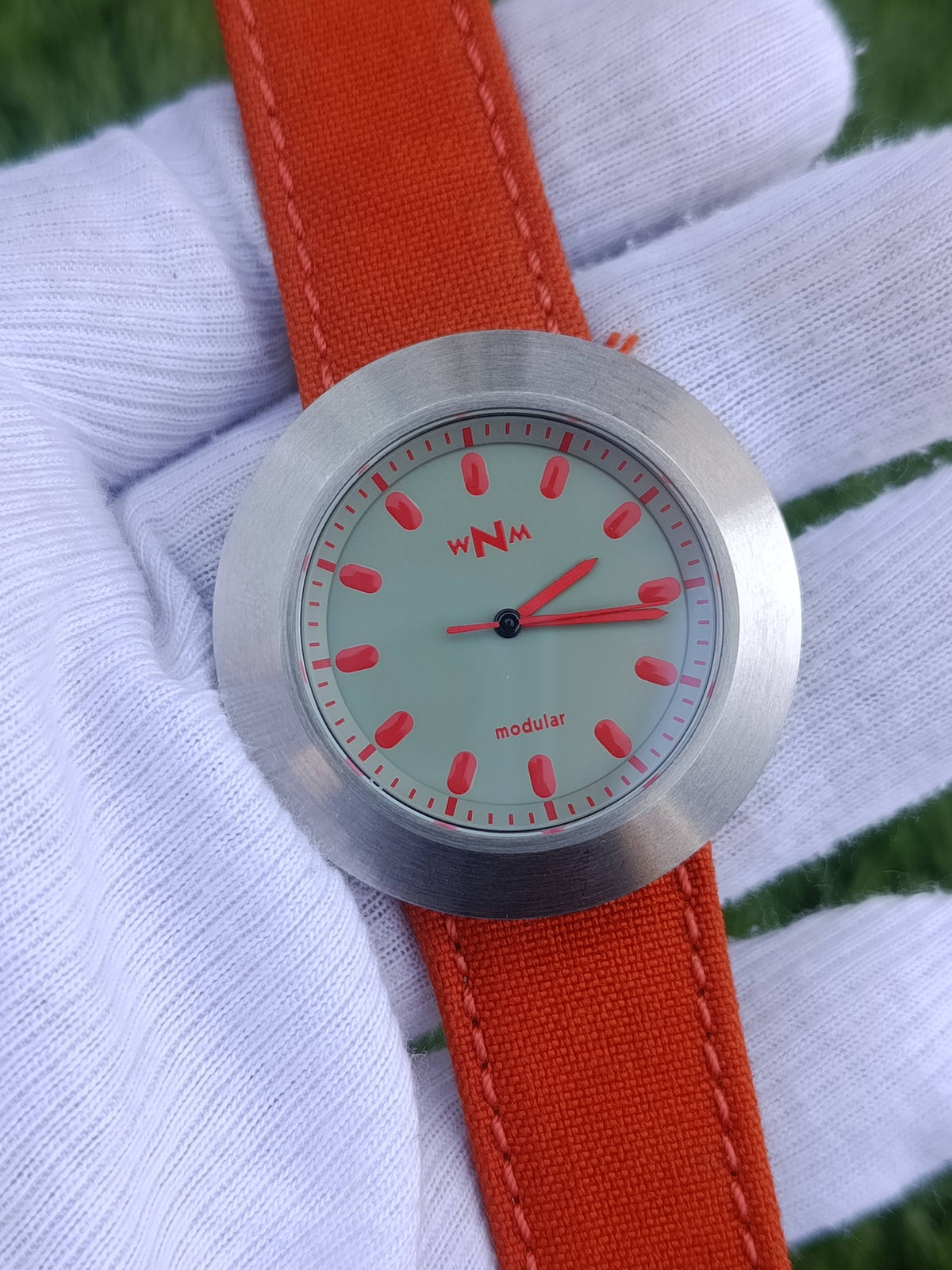 WNM Modular Minimalist Watch Coral Dial Brushed Steel Case Orange Canvas Leather Strap