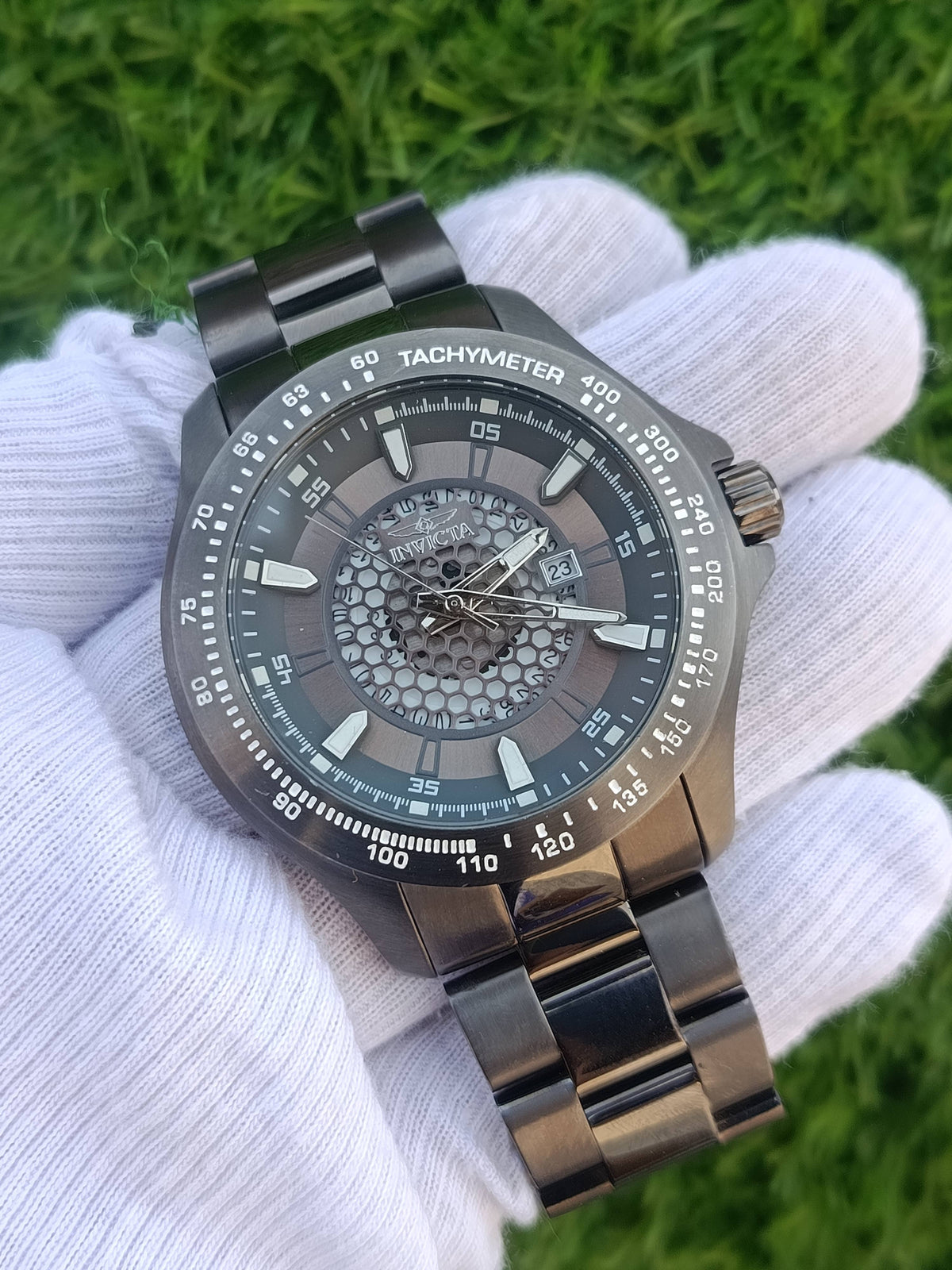 Invicta Specialty Gunmetal Tachymeter Honeycomb Skeleton Dial Men's Watch Model 25339