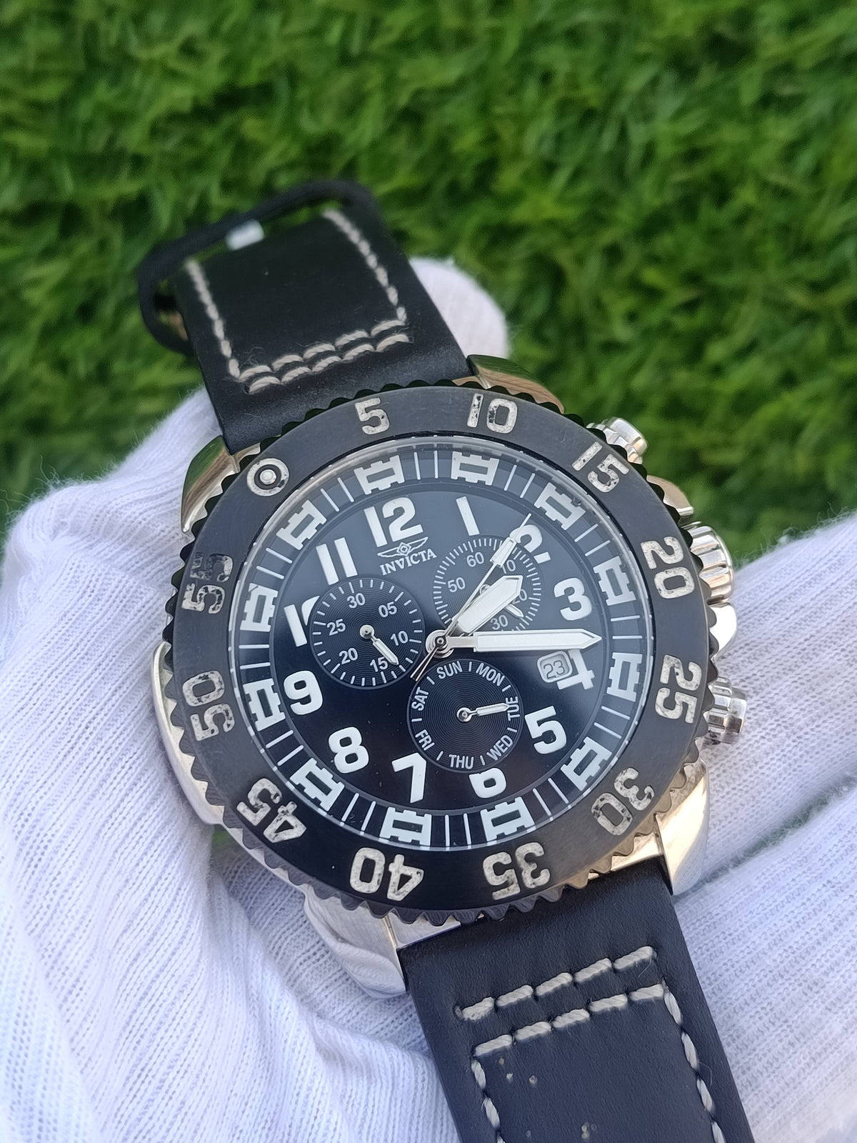 Invicta Pro Diver Chronograph Black Dial Men's Watch Model 12530 Leather Strap