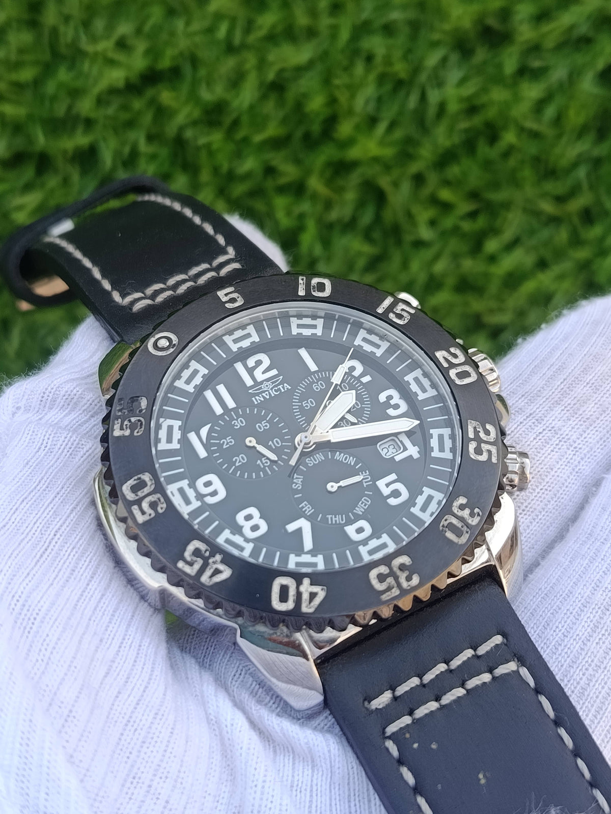 Invicta Pro Diver Chronograph Black Dial Men's Watch Model 12530 Leather Strap