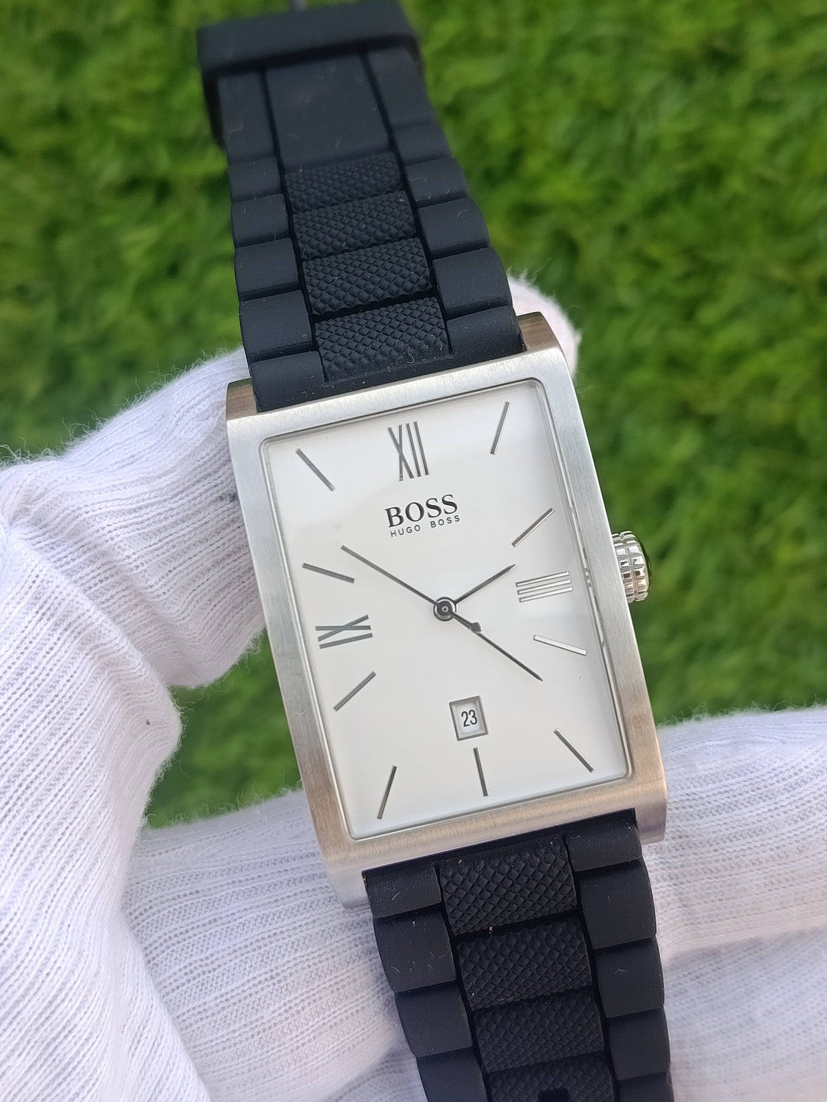 Hugo Boss Rectangular Men's Watch White Dial Stainless Steel Case Black Rubber Strap