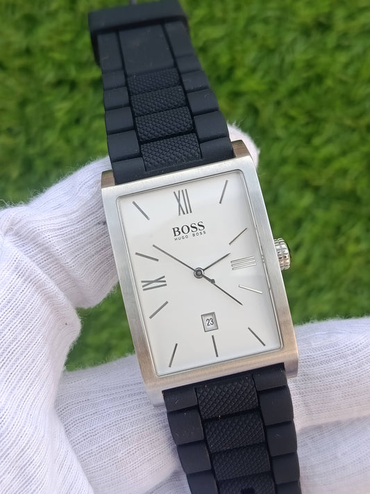 Hugo Boss Rectangular Men's Watch White Dial Stainless Steel Case Black Rubber Strap