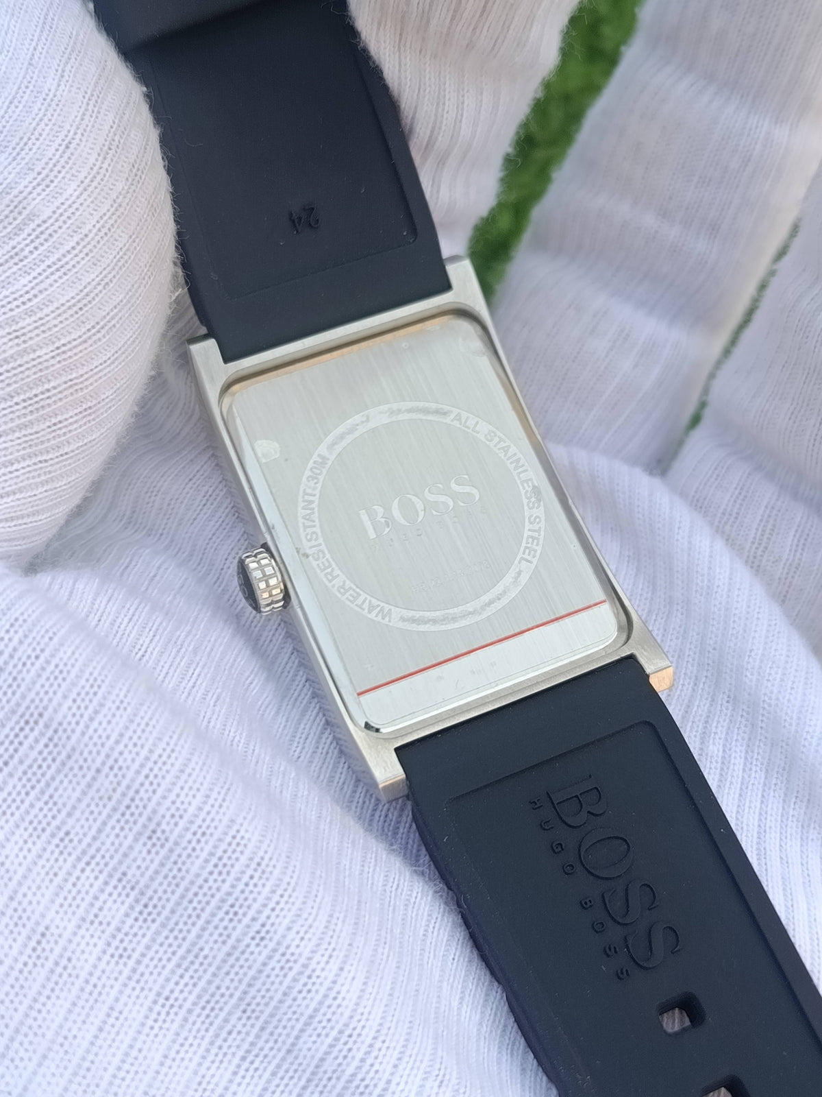 Hugo Boss Rectangular Men's Watch White Dial Stainless Steel Case Black Rubber Strap