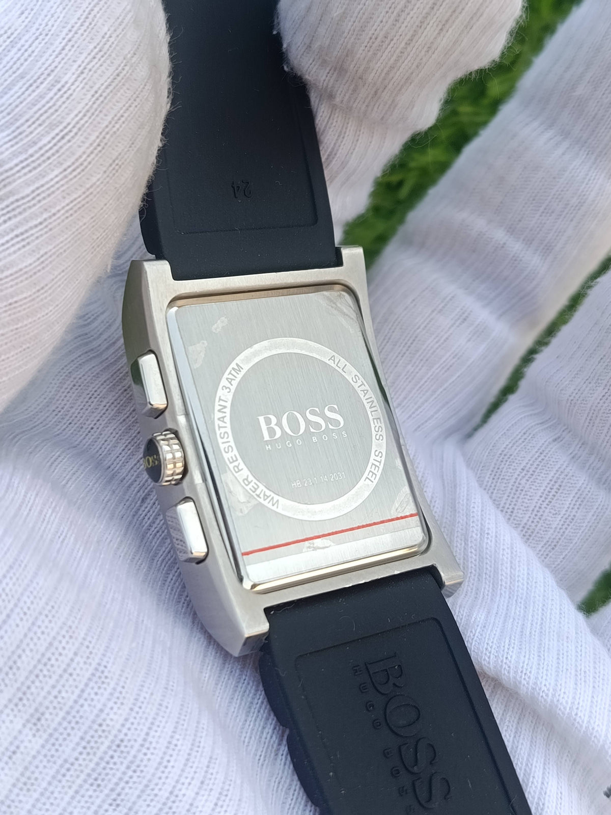 Hugo Boss Rectangular Men's Watch White Dial Stainless Steel Case Black Rubber Strap