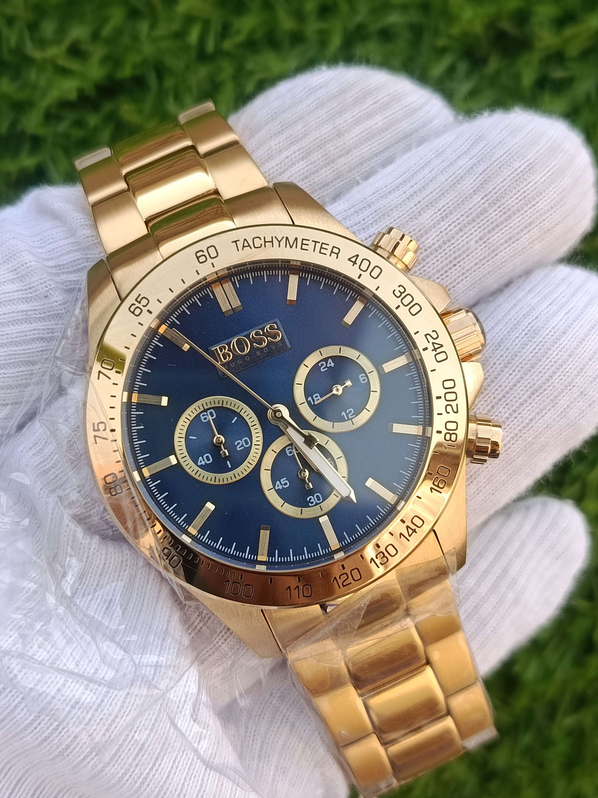 Hugo Boss Ikon HB1513340 Chronograph Men's Watch Gold Blue Dial Tachymeter Stainless Steel
