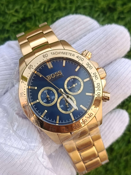 Hugo Boss Ikon HB1513340 Chronograph Men's Watch Gold Blue Dial Tachymeter Stainless Steel
