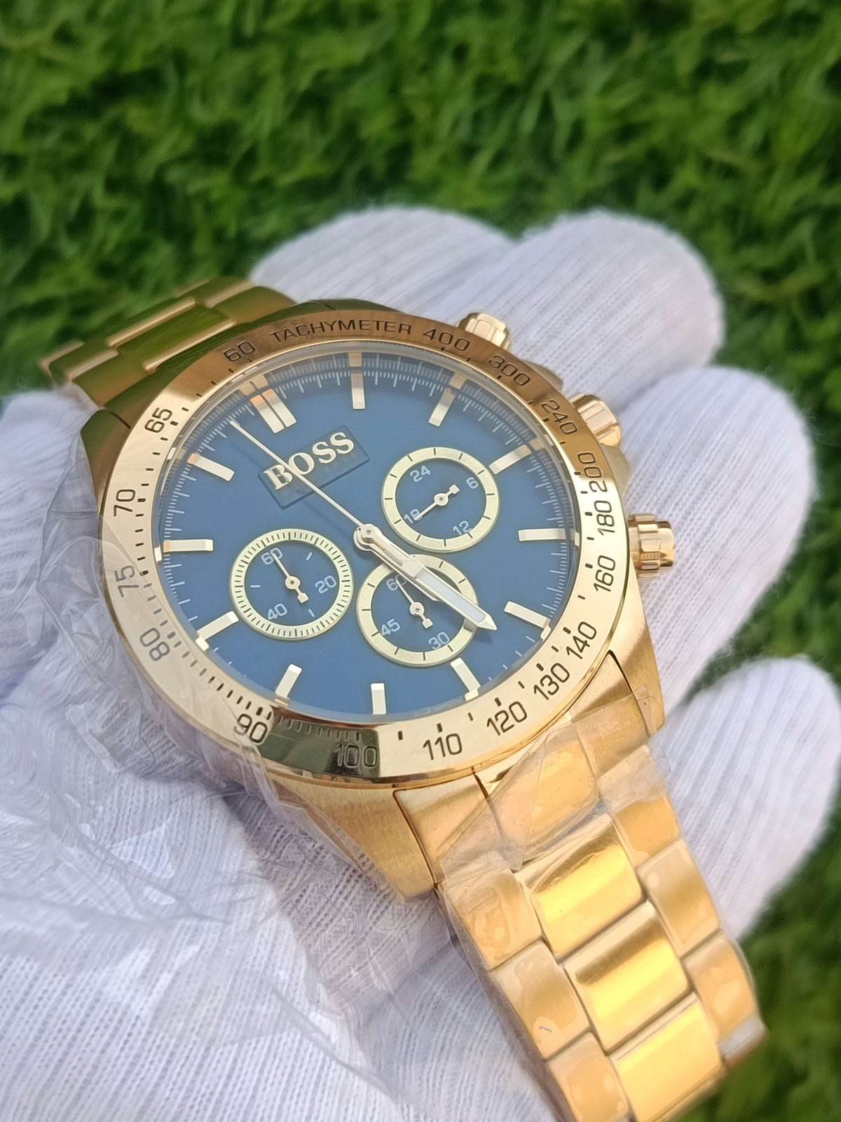 Hugo Boss Ikon HB1513340 Chronograph Men's Watch Gold Blue Dial Tachymeter Stainless Steel
