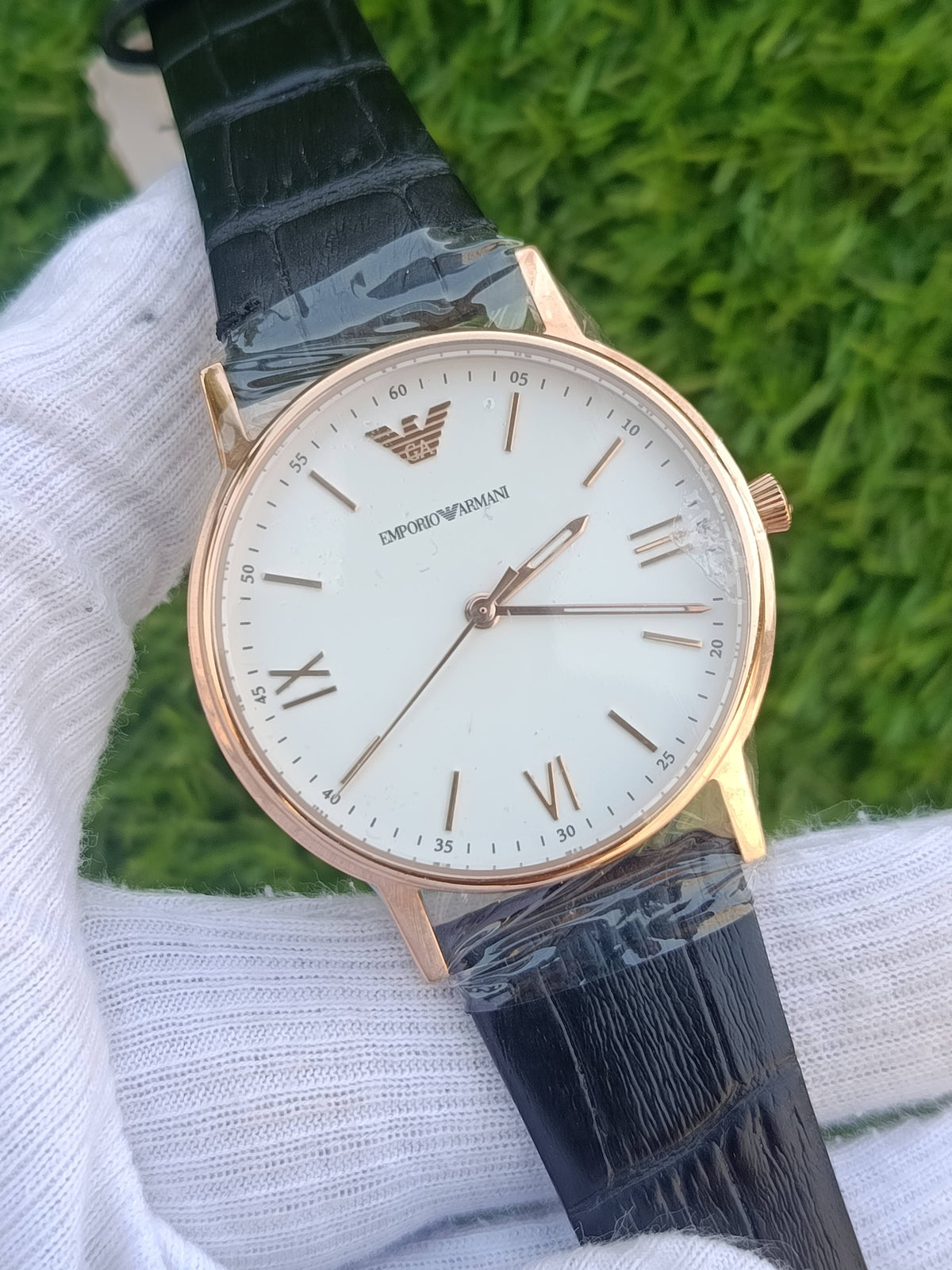 Emporio Armani Classic Men's Watch White Dial Rose Gold Case Black Leather Strap