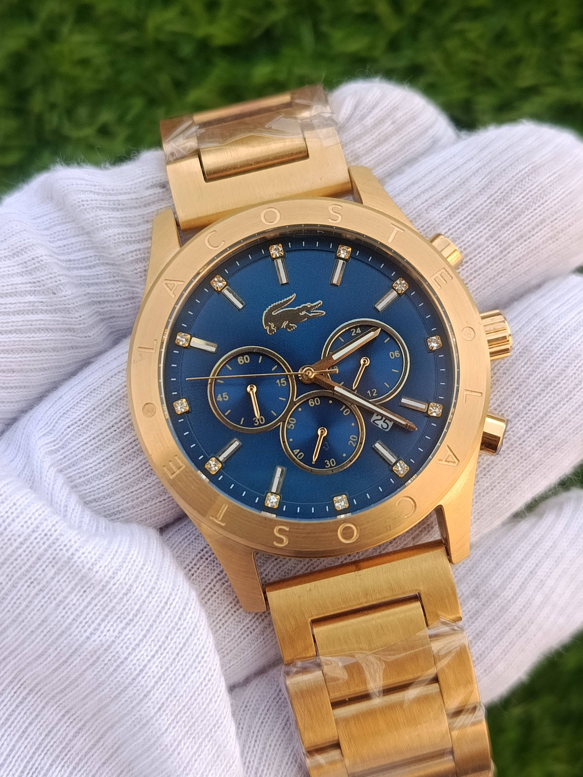 Lacoste Chronograph Men's Watch Gold Tone Blue Crystal Dial Stainless Steel