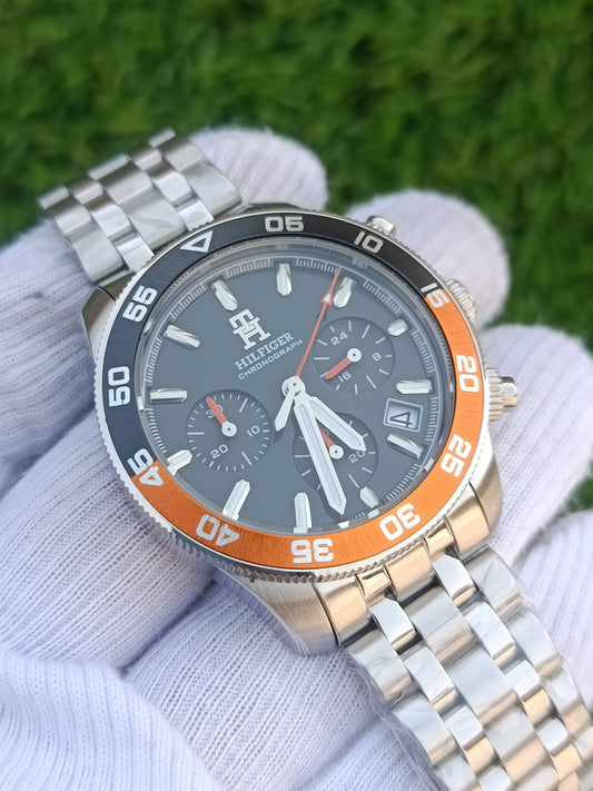 Tommy Hilfiger Chronograph Men's Watch Grey Dial Black Orange Dive Bezel Stainless Steel