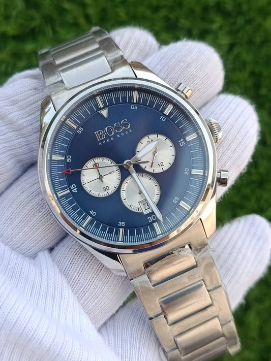 Hugo Boss Chronograph Men's Watch Blue Dial Silver Case Pilot Style Stainless Steel