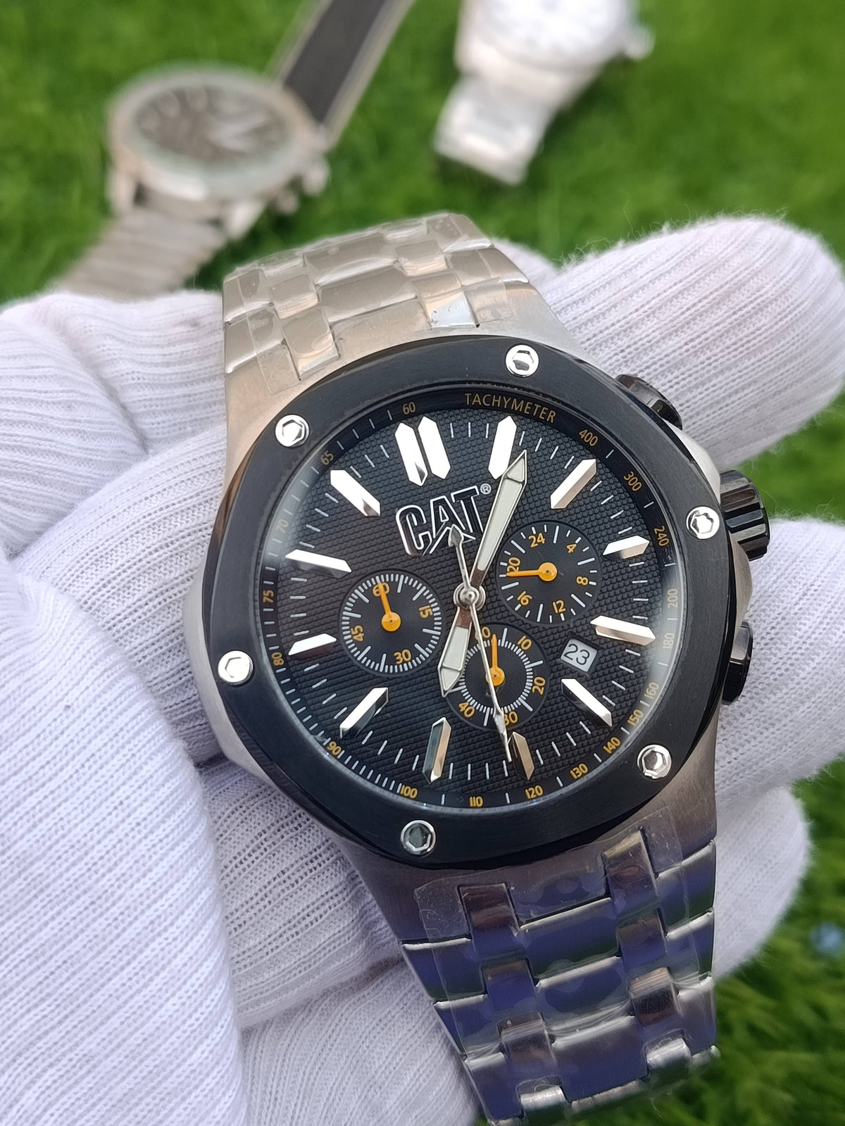 CAT Caterpillar Chronograph Men's Watch Black Dial Tachymeter Bezel Stainless Steel