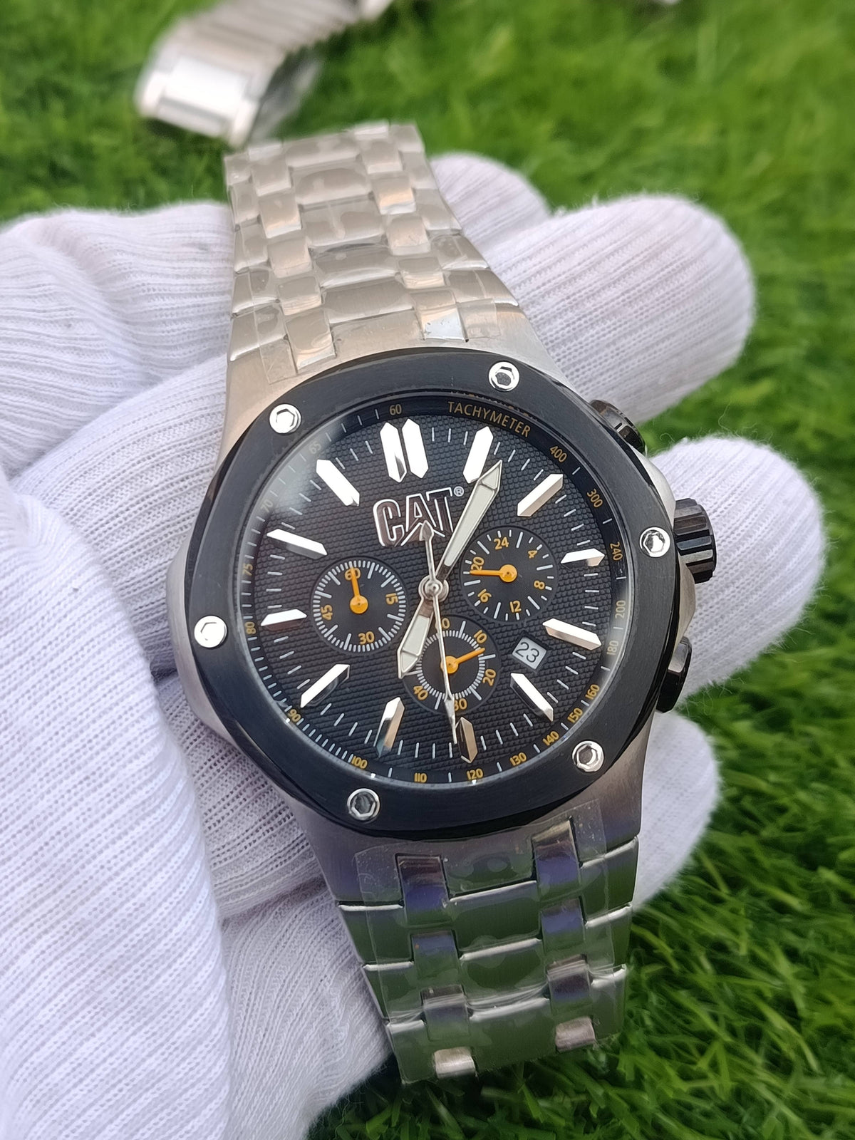 CAT Caterpillar Chronograph Men's Watch Black Dial Tachymeter Bezel Stainless Steel