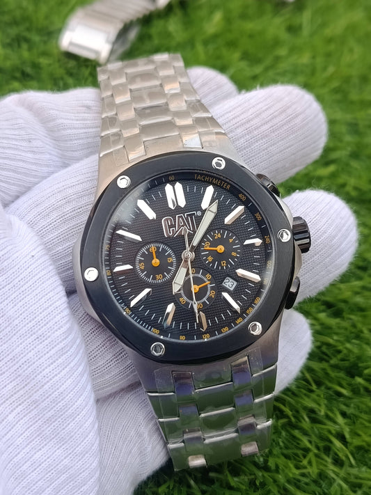 CAT Caterpillar Chronograph Men's Watch Black Dial Tachymeter Bezel Stainless Steel