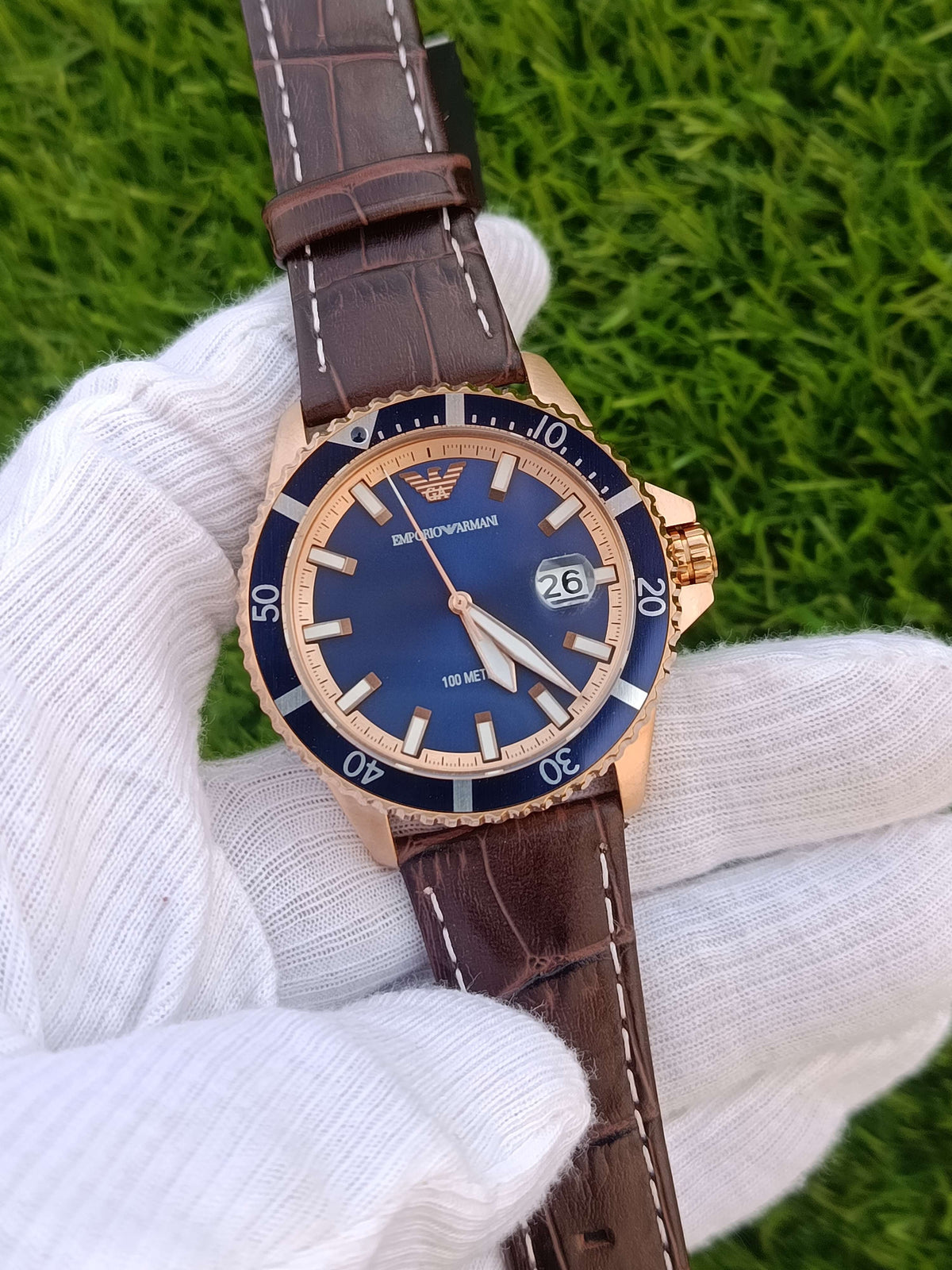Emporio Armani Men's Blue Dial Diver Watch – Rose Gold Brown Leather