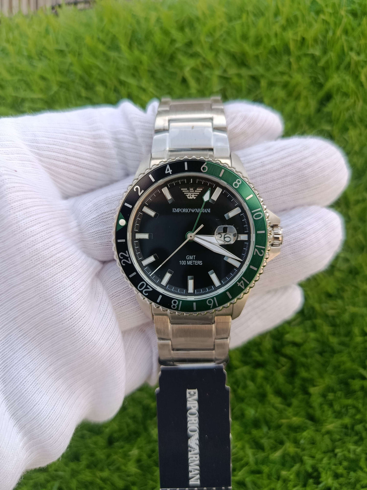 Emporio Armani AR11589 | Black & Green GMT Diver Watch