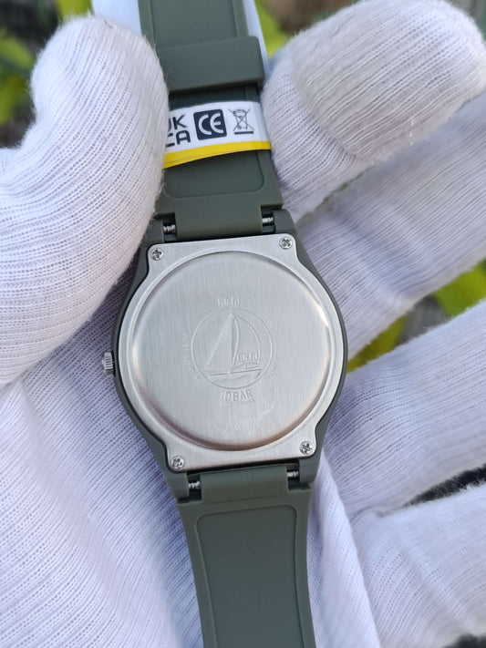 Q&Q A212J008Y Analog Watch | Black Dial with White Numerals | Day & Date | Olive Green Resin Case & Strap | 10 BAR