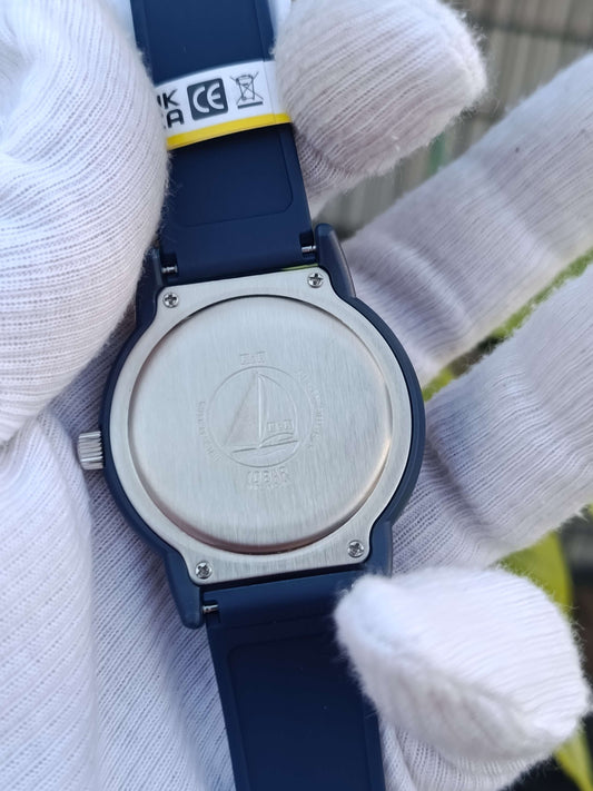 Q&Q Analog Quartz Watch – Navy Blue Resin Case & Strap, Orange Numerals, 10 BAR Water Resistant
