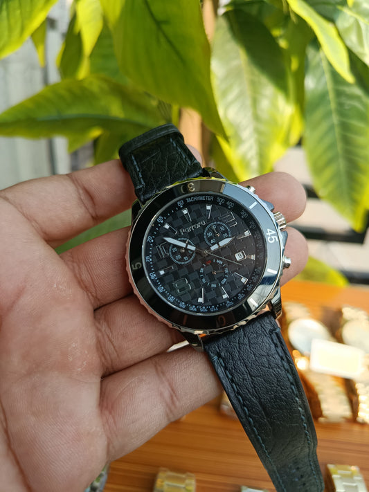 Parrora Men’s Chronograph Watch (Black Leather Strap)