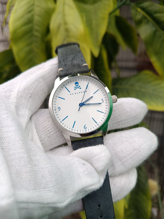 Scalpers Men’s Watch White Dial Blue Hands | Original Leather Strap Watch