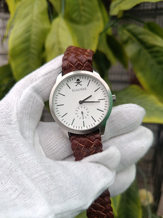 Scalpers Men’s Watch – White Dial with Brown Woven Leather Strap