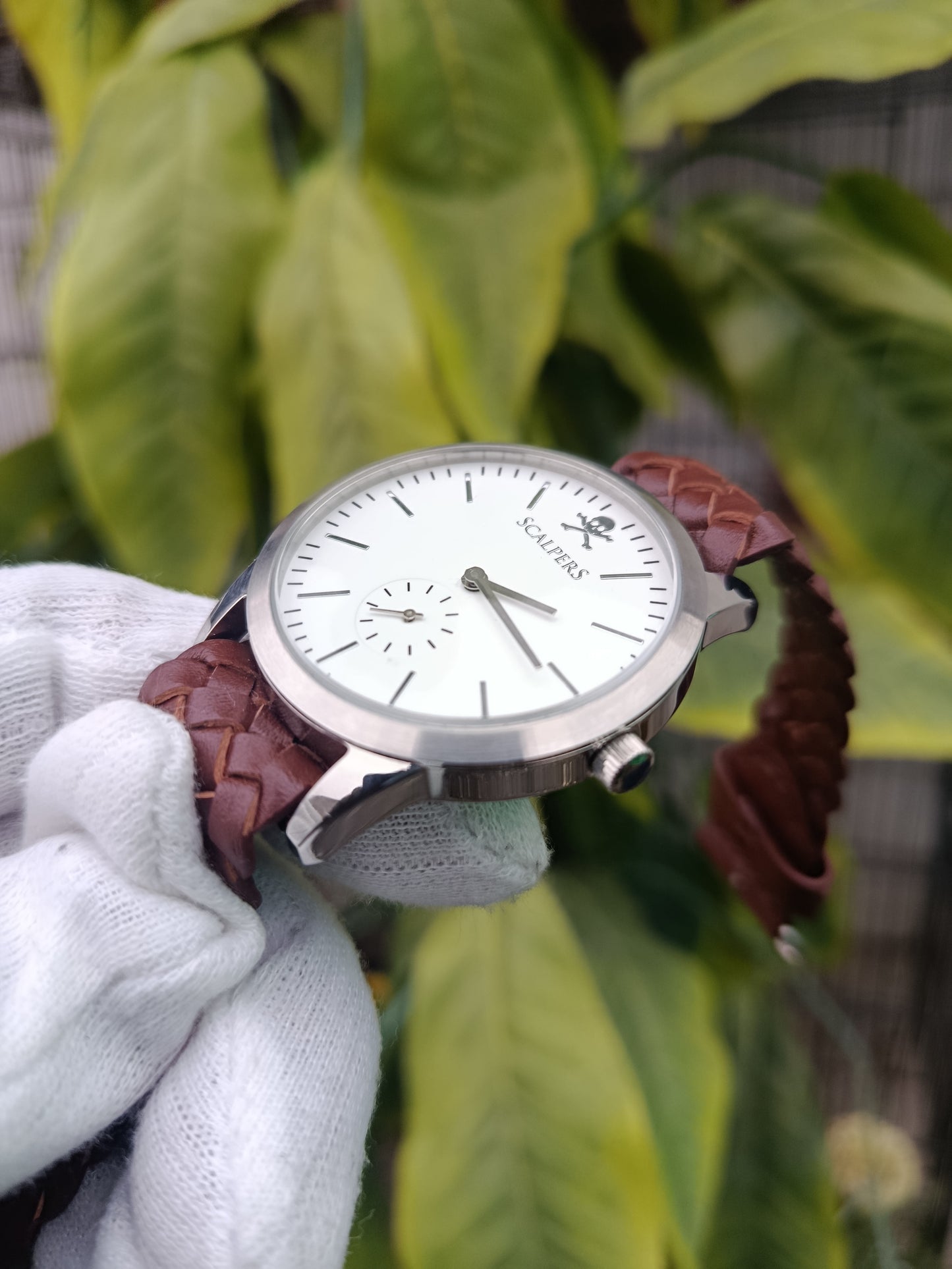 Scalpers Men’s Watch – White Dial with Brown Woven Leather Strap