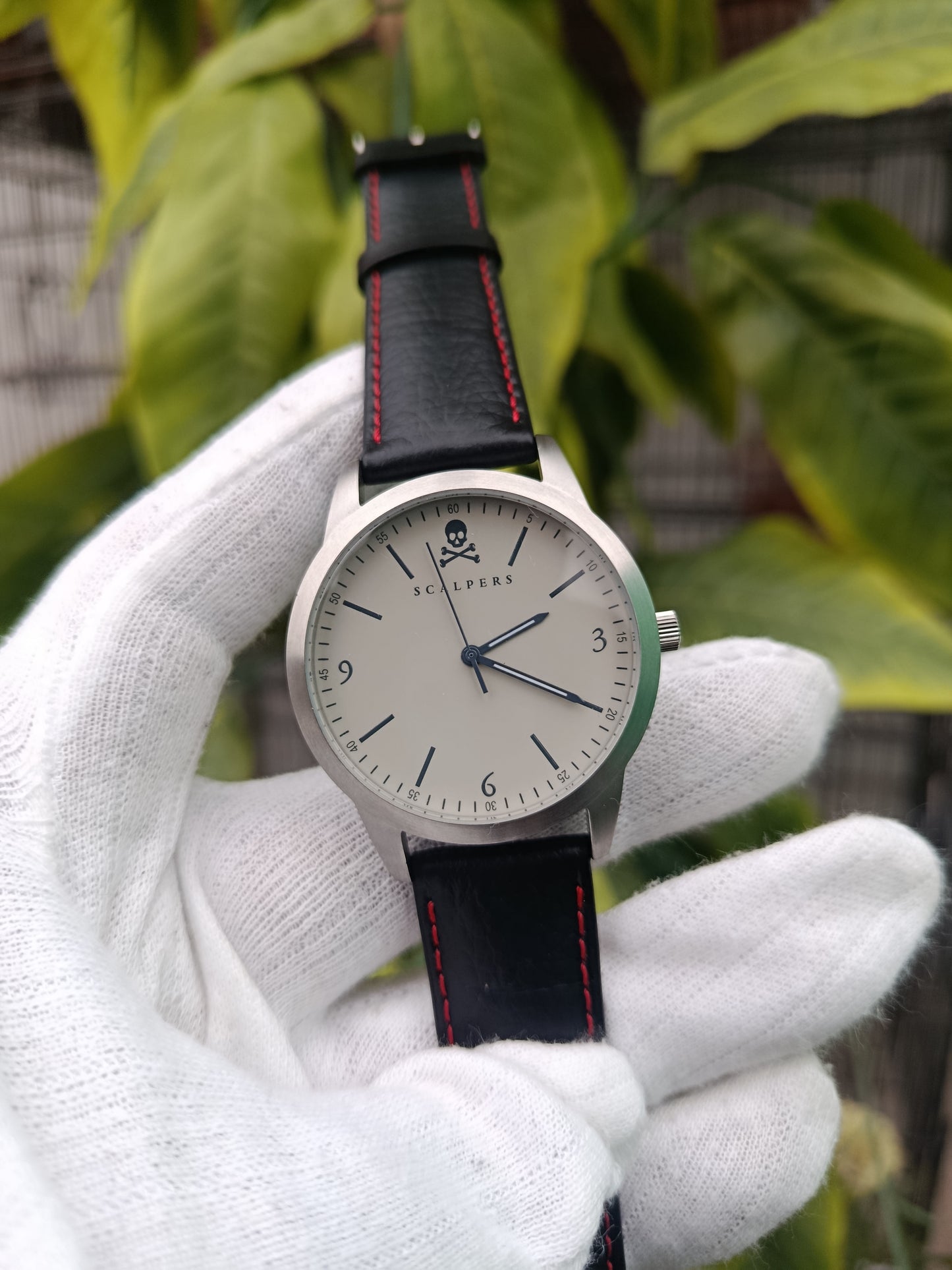 Scalpers Men’s Watch – White Dial with Skull Logo & Black Leather Strap